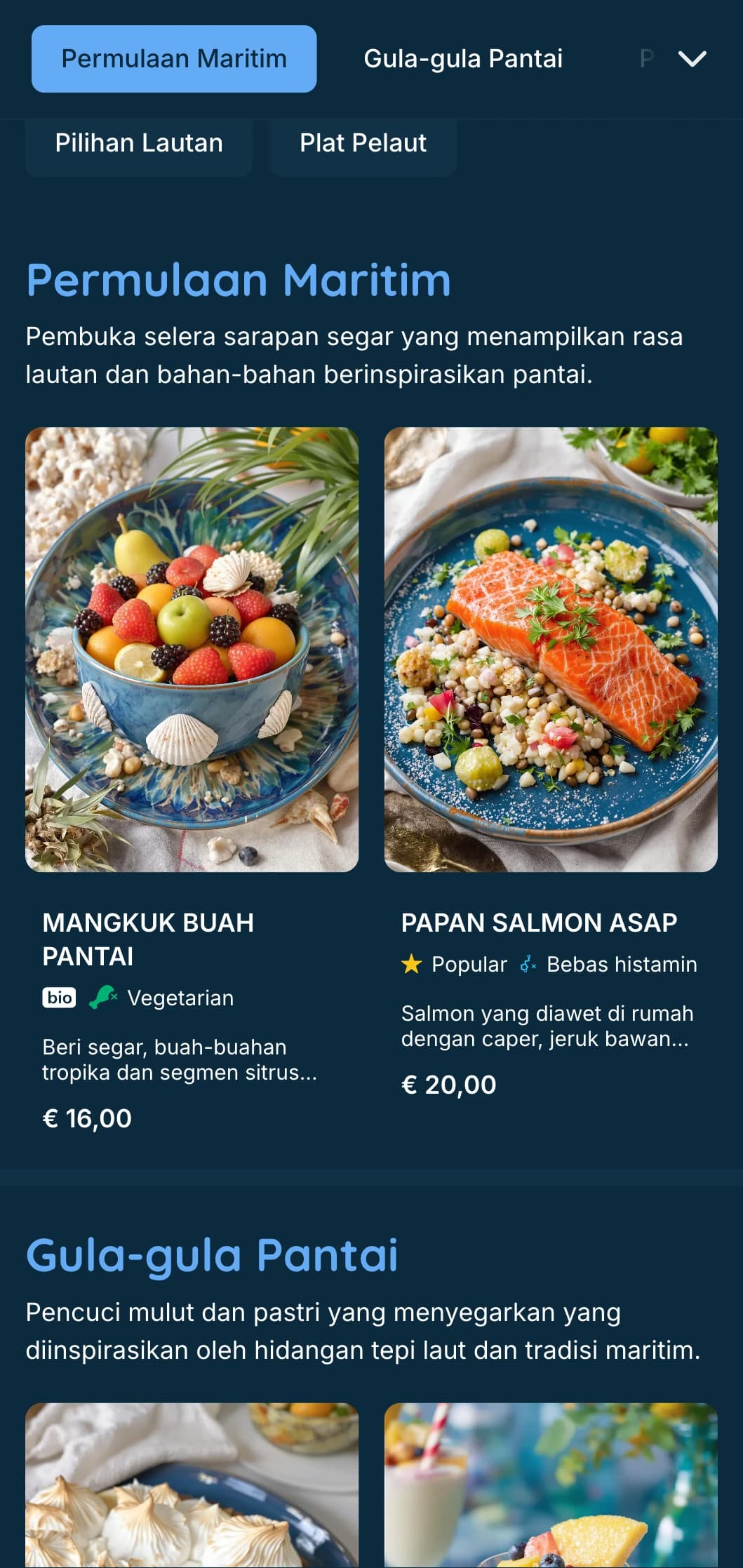 Templat sarapan tengah hari maritim yang segar dengan rona biru pekat, sesuai untuk sarapan tengah hari makanan laut dan pertubuhan tepi pantai.