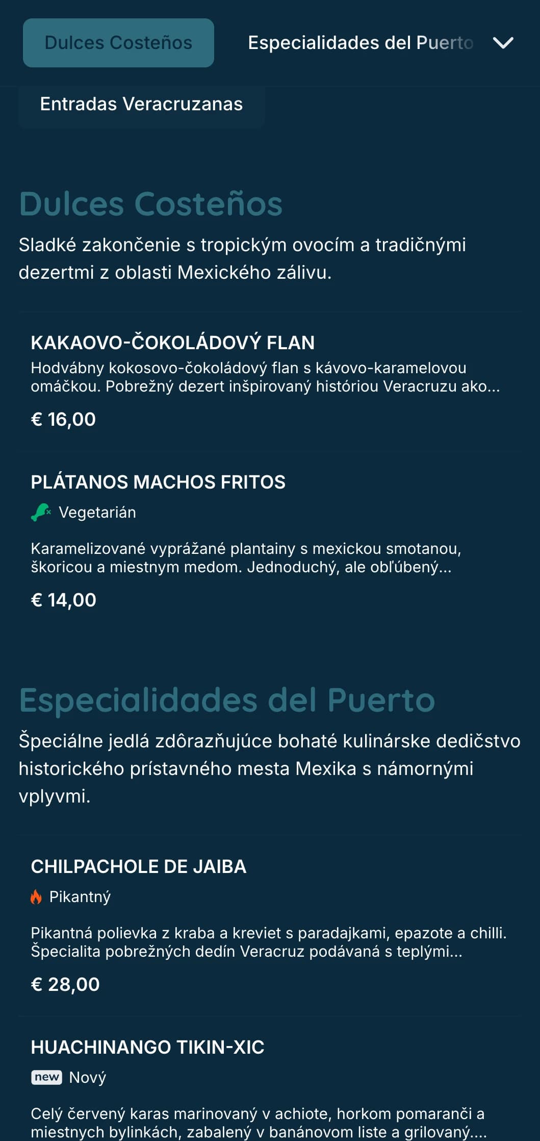 Svieže a chutné pobrežné menu, ktoré predstavuje špeciality z morských plodov Veracruz s tyrkysovými akcentmi, pobrežnými obrázkami a charakteristickými úpravami rýb.
