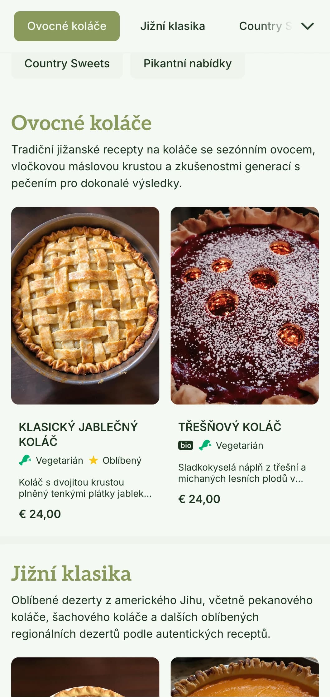 Teplý design jídelního lístku inspirovaný jižanským stylem s olivovými tóny a tradiční typografií, ideální pro prodejny koláčů a pekárny v jižanském stylu.