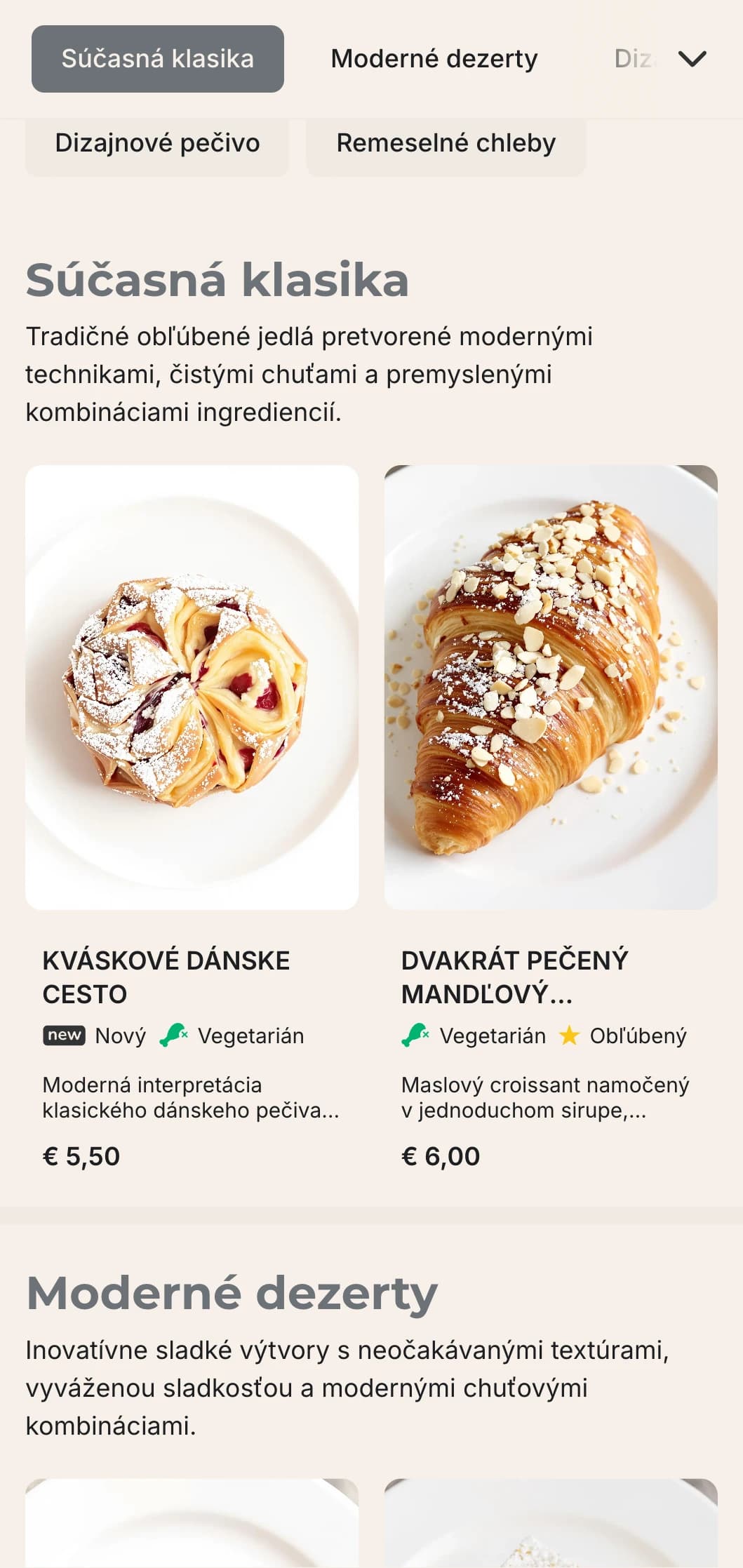 Moderný, minimalistický dizajn jedálneho lístka pekárne s čistými líniami a jednoduchou typografiou, ideálny pre mestské pekárne s modernou estetikou.