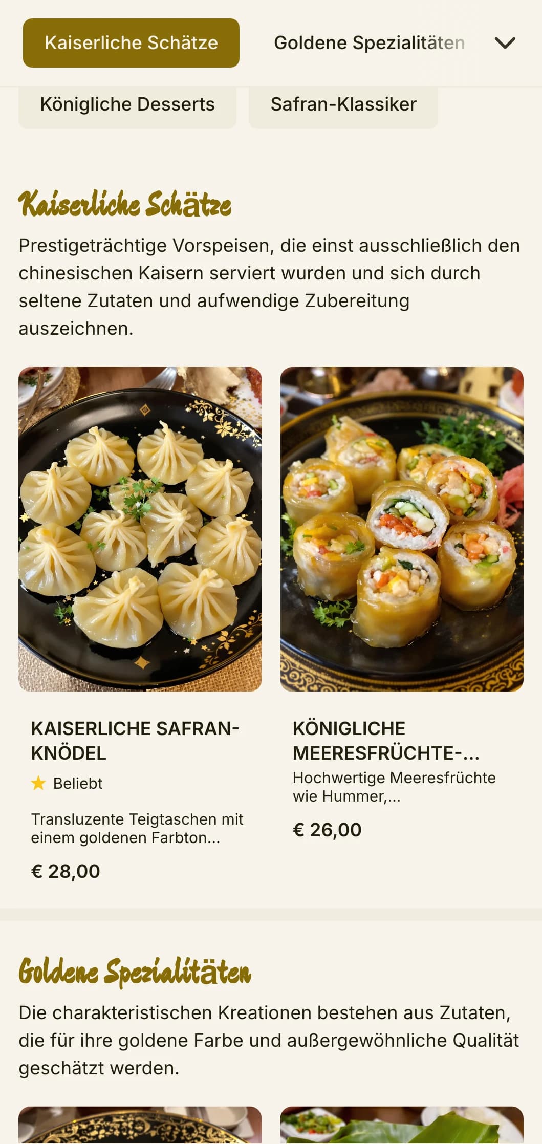 Luxuriöses chinesisches Menüdesign, inspiriert von kaiserlichen Safranfarben, mit reichhaltigen Elementen für königliche Küchenerlebnisse.