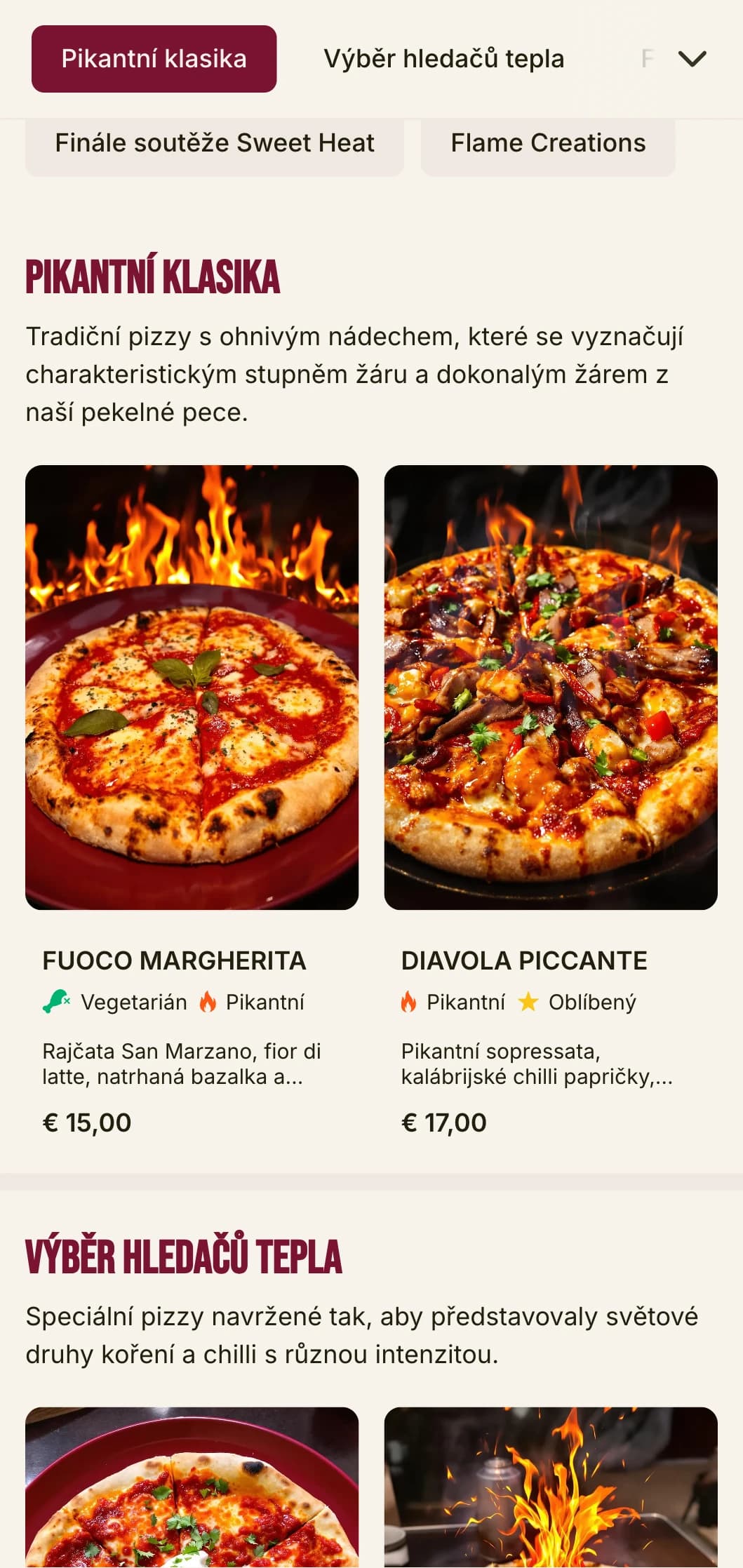 Energické menu pizzy s výraznou typografií a živými barvami pro specialisty na pikantní pizzu.