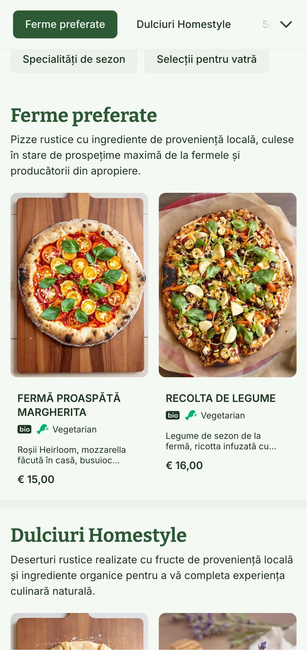 Meniu de pizza inspirat din natură, cu tonuri pământii și elemente organice, perfect pentru pizzerii de la fermă la masă.