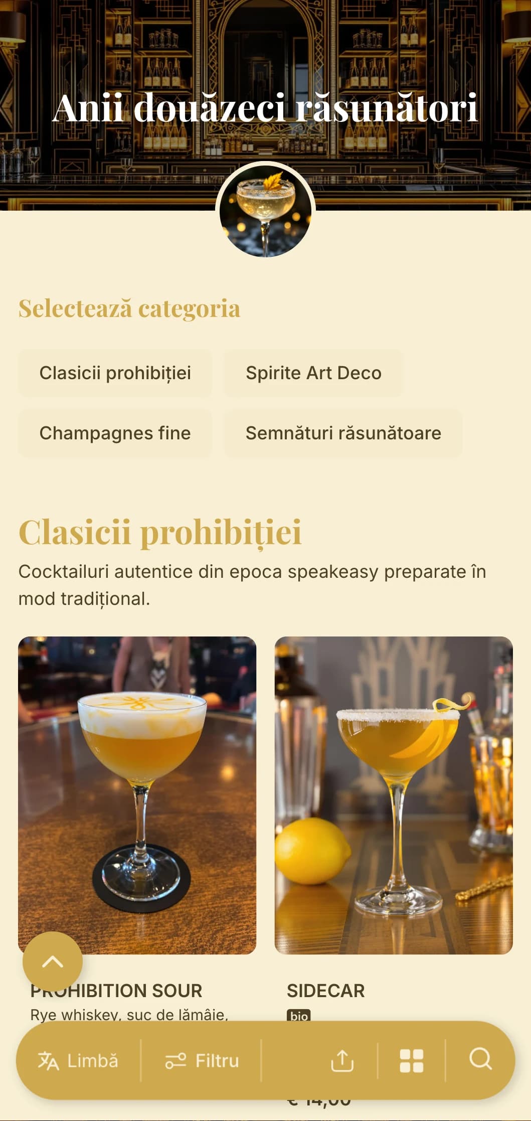 Design auriu și negru inspirat de farmecul anilor 1920 pentru barurile de cocktailuri de lux.