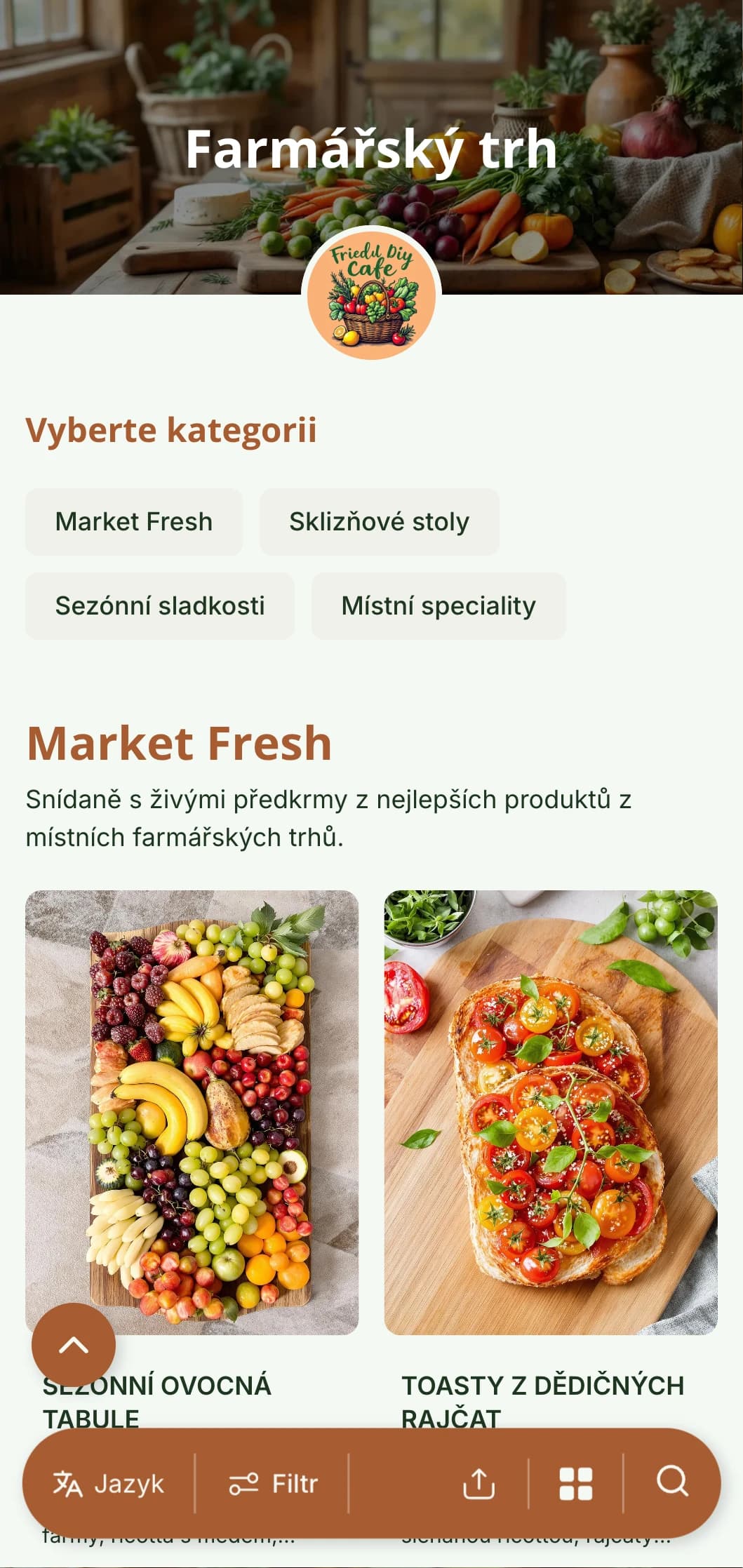 Svěží sezónní šablona na brunch s rustikálními prvky, která je ideální pro kavárny typu farm-to-table s místními produkty.