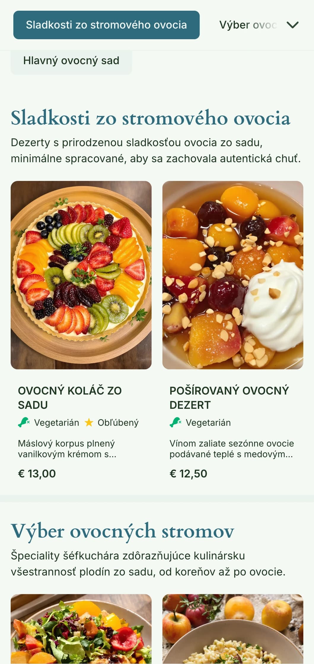 Ovocné obedové menu inšpirované ovocným sadom so sezónnymi prvkami a prírodnou hojnosťou, ideálne pre reštaurácie, ktoré používajú ovocie zo stromov a produkty zo sadov.