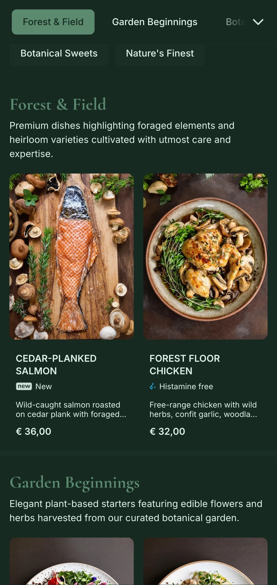 Sophisticated natural elegance with botanical influences, perfect for high-end farm-to-table and garden-inspired fine dining.