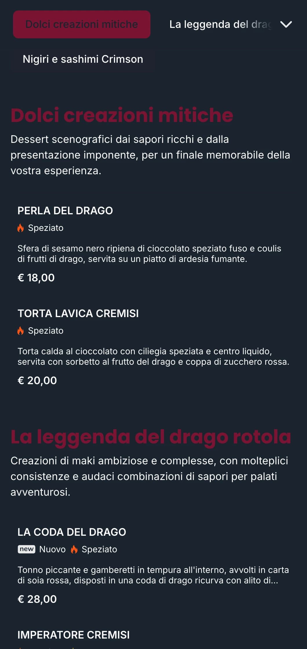 Menu di sushi audace e drammatico con ricche tonalità di rosso ispirate alla mitologia tradizionale giapponese del drago.