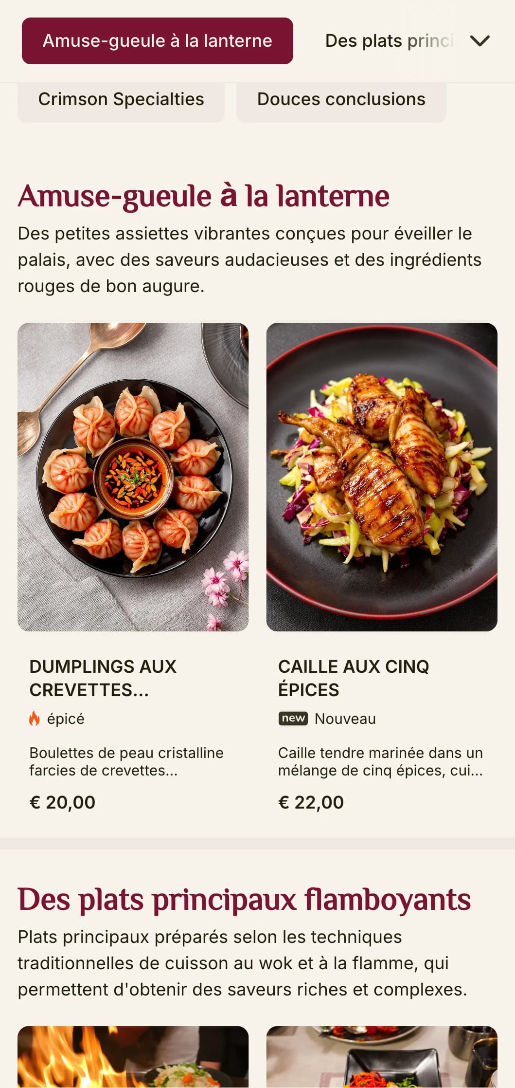 Un menu chinois audacieux et spectaculaire avec des éléments rouges frappants inspirés des lanternes traditionnelles, idéal pour des expériences gastronomiques chinoises authentiques.