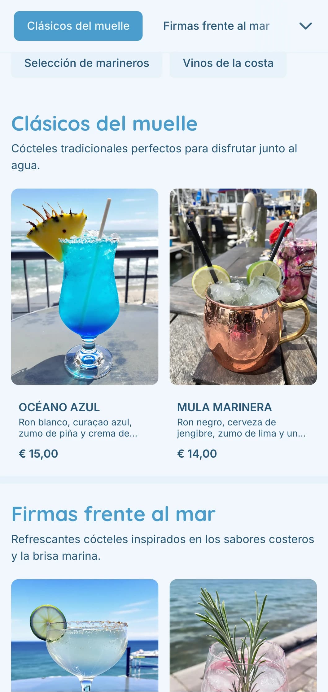 Diseño azul claro con elementos náuticos para bares frente al mar y locales junto al muelle.