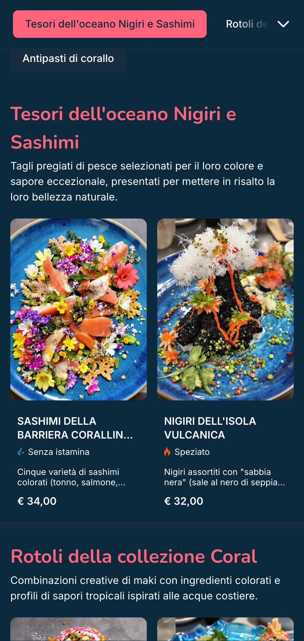 Un vibrante menu di sushi ispirato all'oceano con accenti rosa corallo su sfondi blu intenso, perfetto per gli specialisti dei frutti di mare.