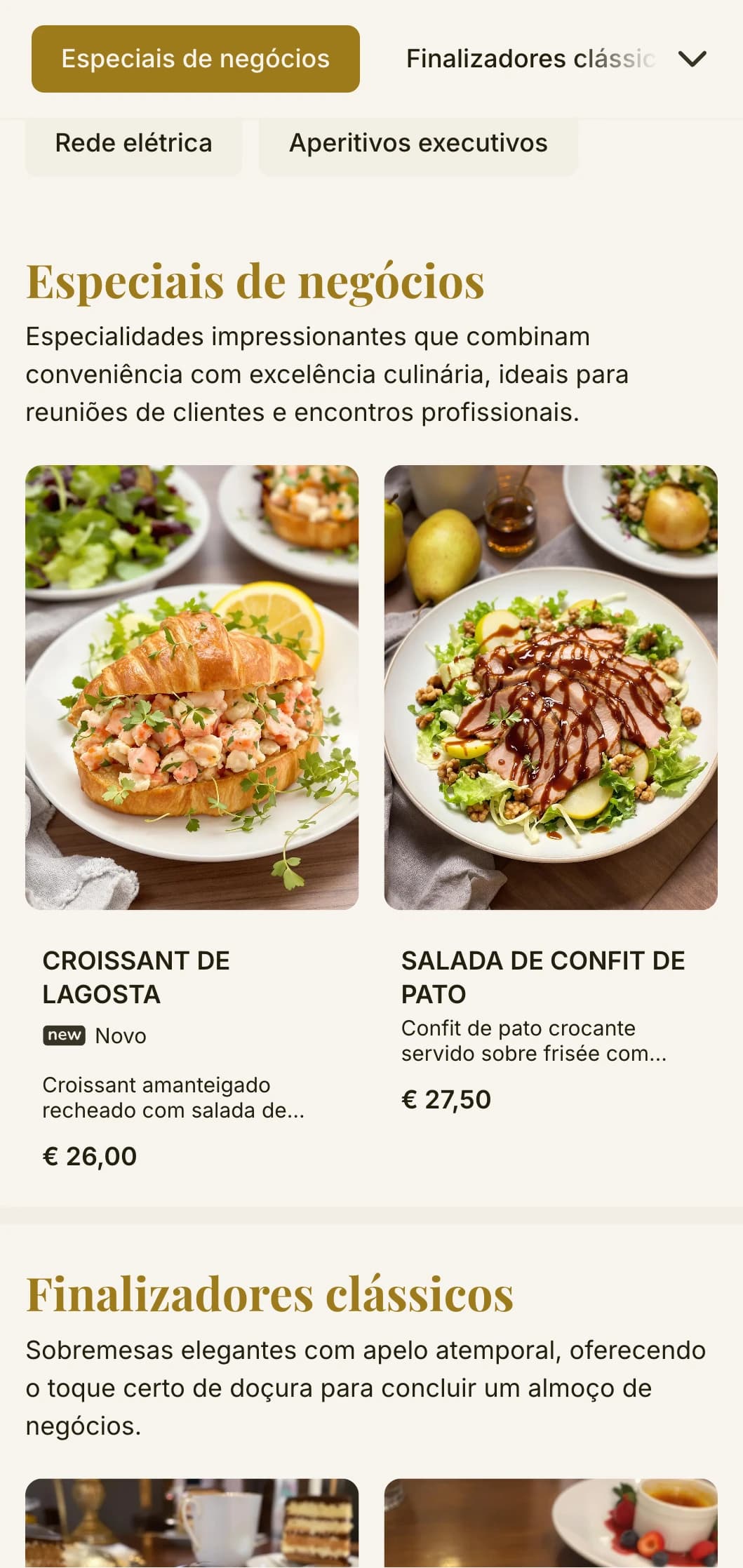 Design elegante e eficiente de cardápio de almoço para distritos comerciais e bufê corporativo, com tipografia atemporal e layout sofisticado para almoços profissionais rápidos.