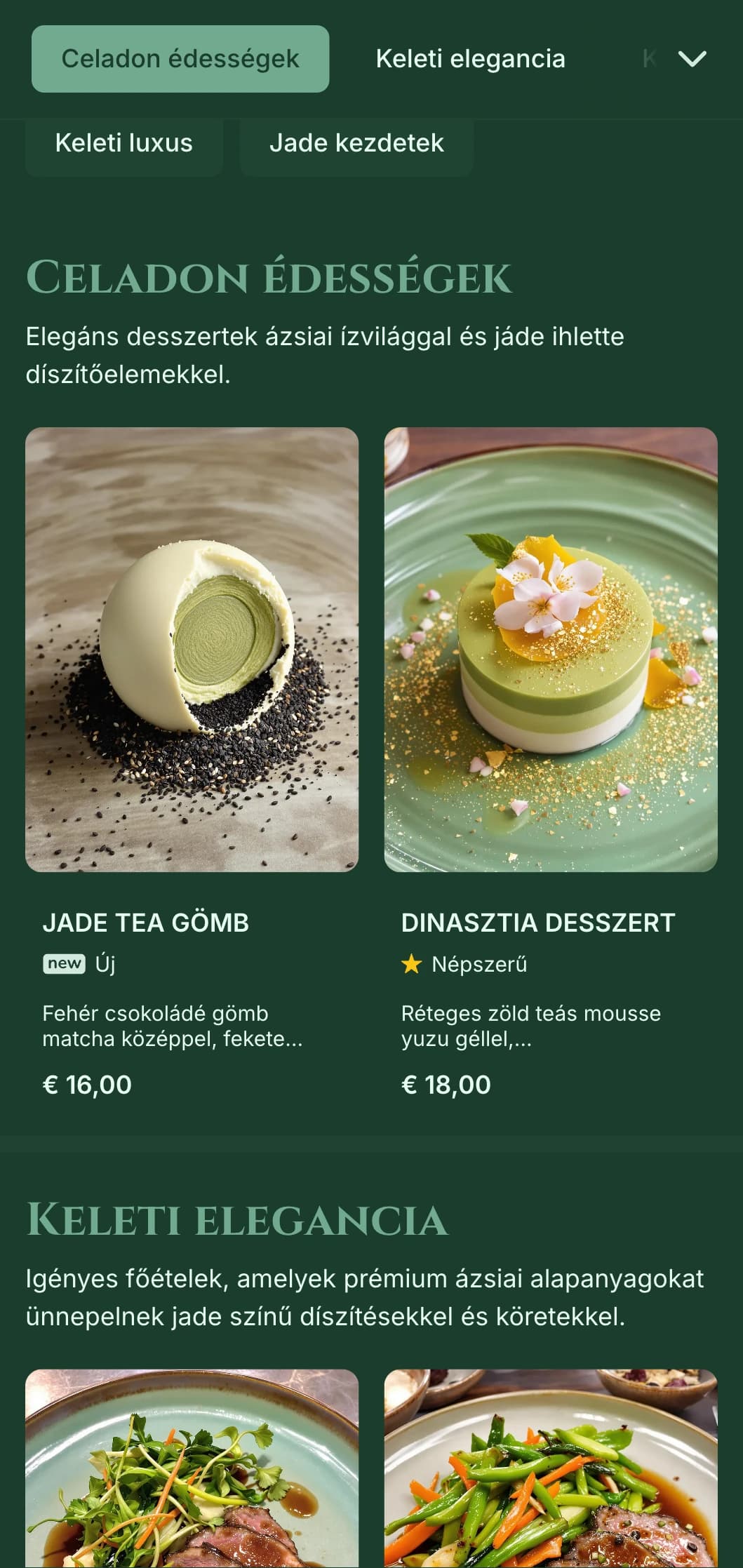 Kifinomult ázsiai ihletésű koncepció, jáde zöld tónusokkal és kifinomult keleti elemekkel.
