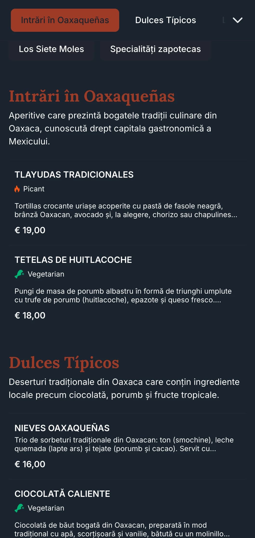 Meniu bogat și pământesc care celebrează tradițiile culinare din Oaxaca, cu accente de teracotă, modele indigene și mâncăruri speciale de mole.