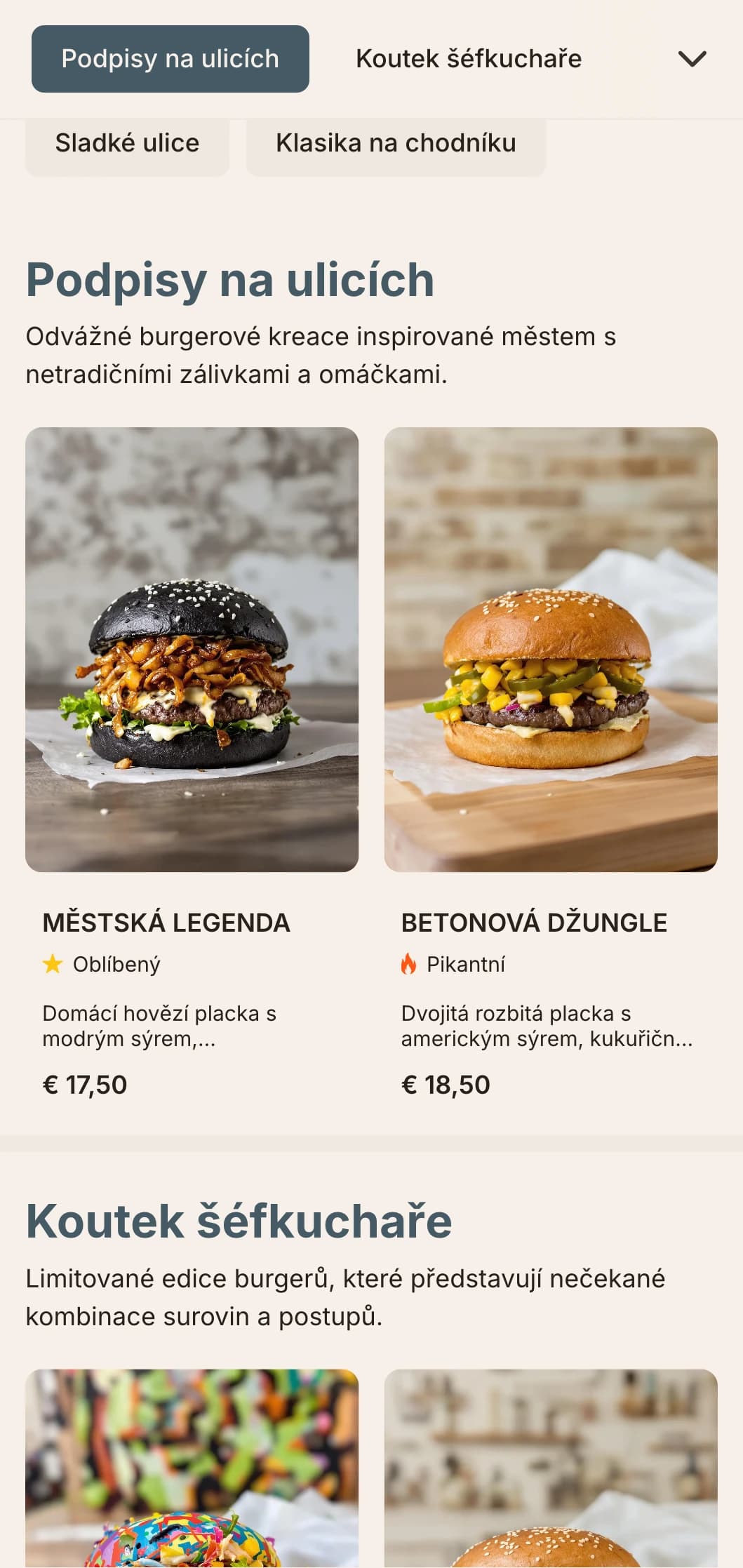 Design inspirovaný městským street foodem s výraznými kontrasty a prvky pouličního umění pro moderní příležitostné hamburgery.