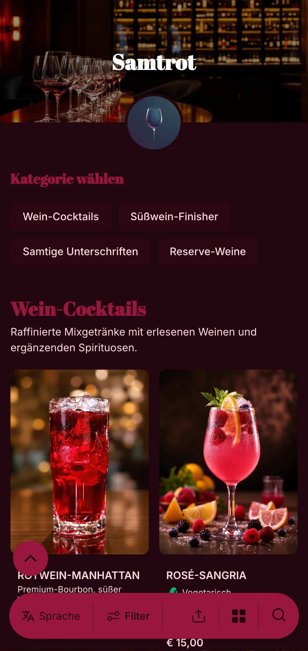 Ein luxuriöses, dramatisches Design für gehobene Weinbars und Lounges mit satten Rottönen und kräftiger Typografie.