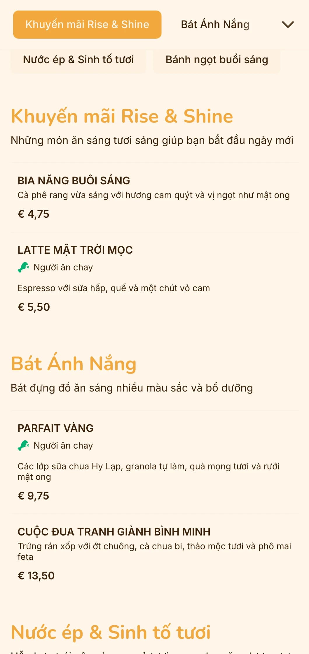 Thiết kế màu vàng và cam tươi vui với các yếu tố nắng cho thực khách ăn sáng và ăn trưa muộn.