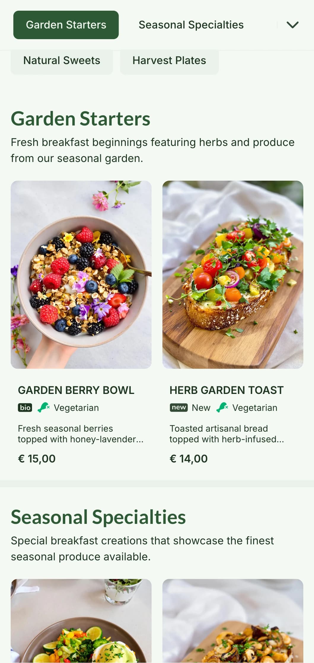 Nature-inspired breakfast dishes featuring seasonal produce and organic ingredients in a refreshing presentation.
