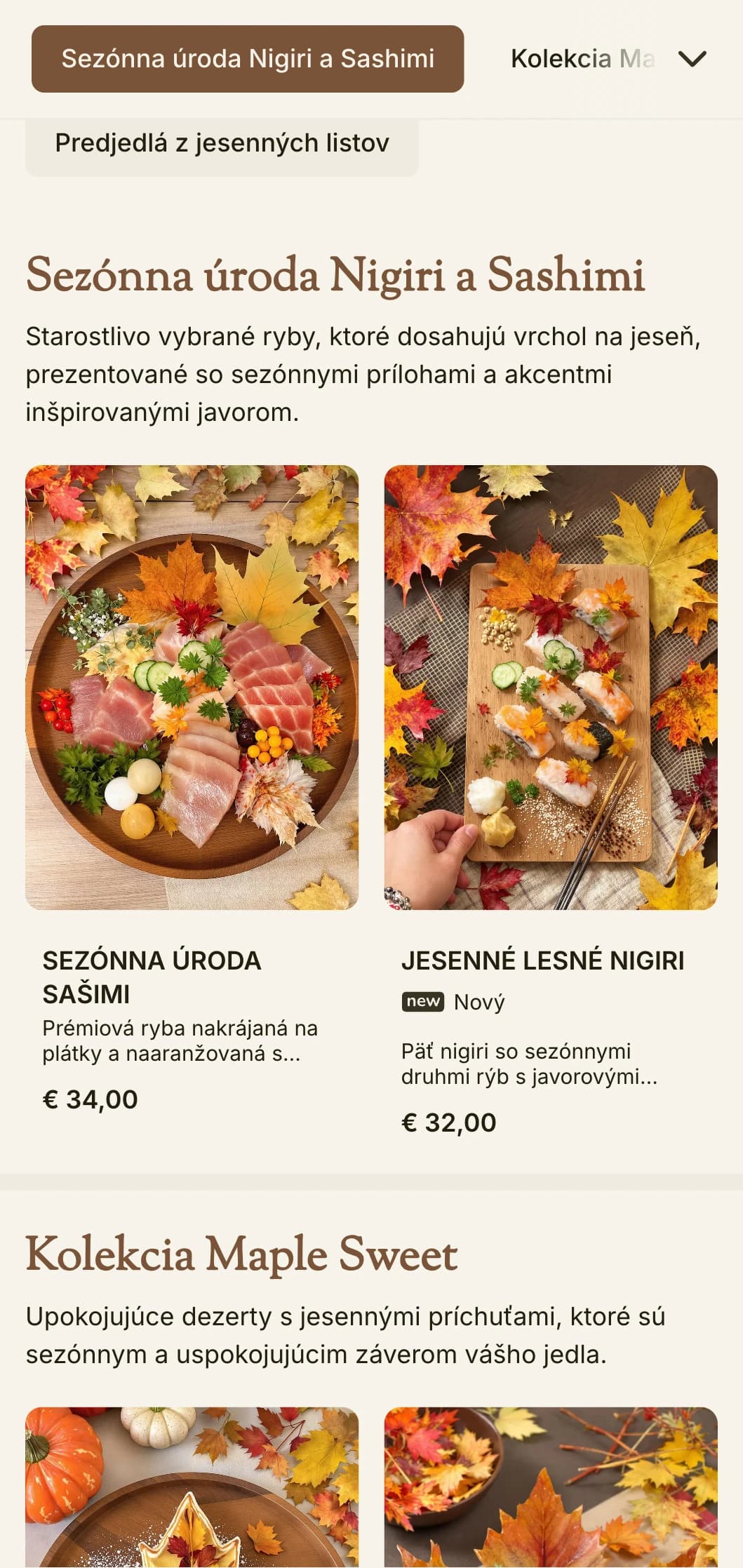 Teplé sezónne sushi menu s bohatými javorovými tónmi a prvkami inšpirovanými jeseňou pre tradičné stolovanie.