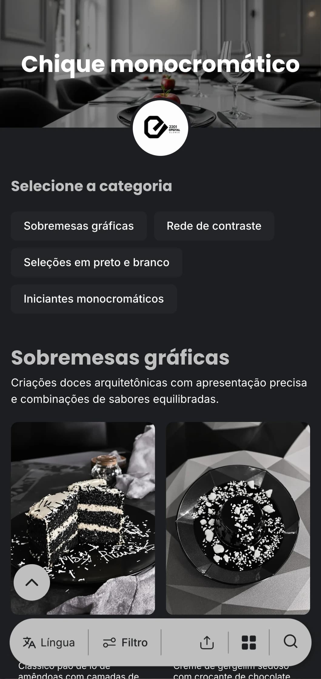 Um cardápio sofisticado em preto e branco com tipografia arrojada e linhas simples, projetado para jantares finos contemporâneos.