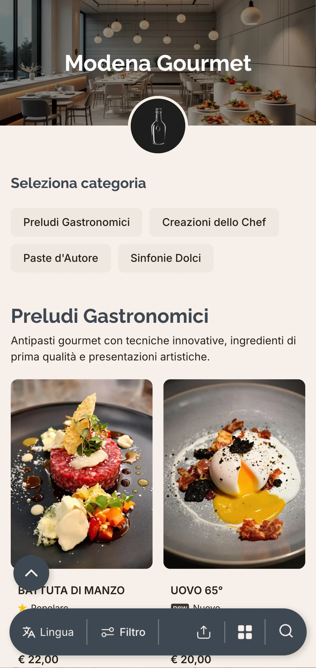 Un design raffinato e contemporaneo che celebra l'innovativa scena culinaria e le tradizioni balsamiche di Modena.