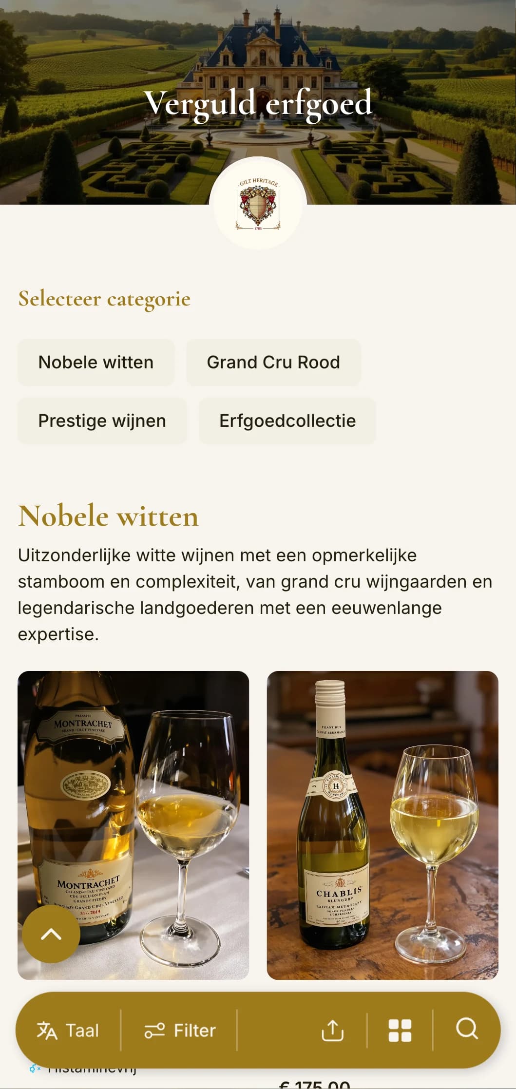 Luxe, traditionele sjabloon voor wijnkaart met gouden accenten en erfgoedelementen, perfect voor gevestigde wijnmakerijen en klassieke fine dining restaurants.