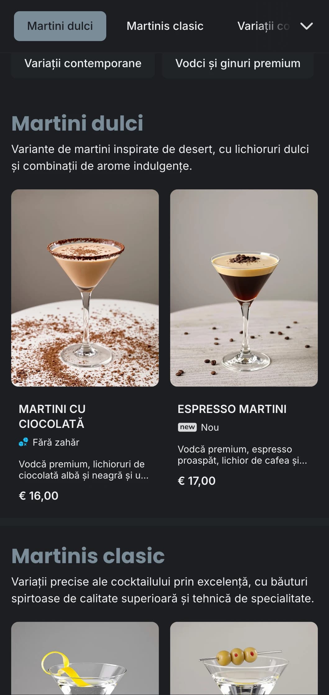 Un meniu sofisticat, urban, pentru baruri de martini și lounge-uri, cu tipografie elegantă și tonuri reci de gri.