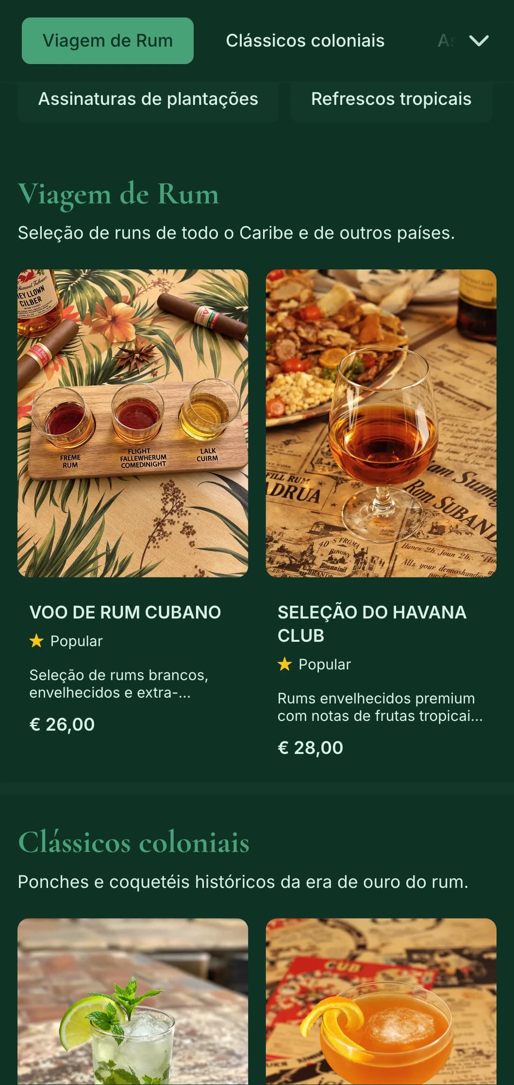 Design verde rico com elementos históricos do Caribe para bares com foco em rum.
