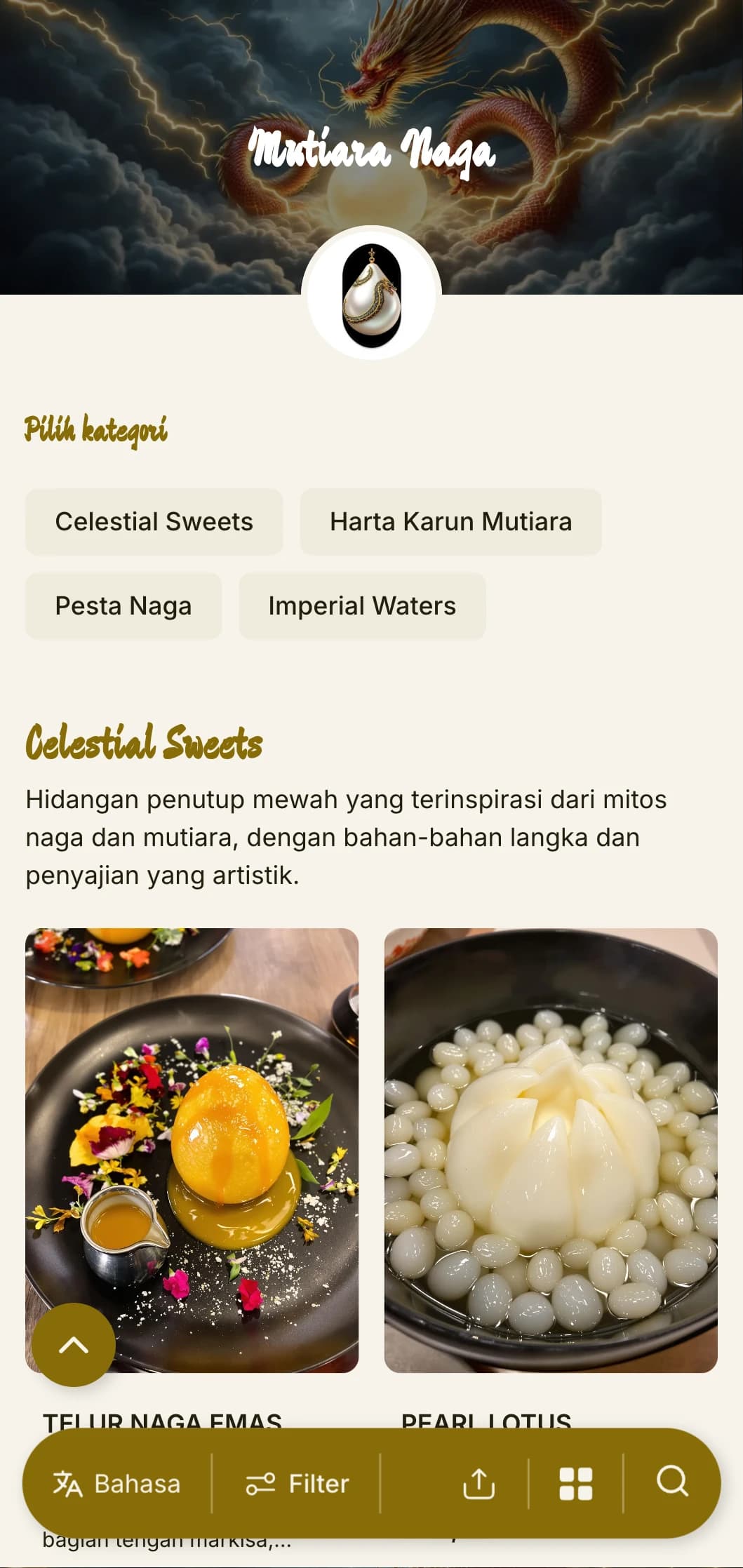 Desain menu Cina yang mewah dengan motif naga dan aksen mutiara, cocok untuk restoran hidangan laut Cina kelas atas dan acara-acara khusus.