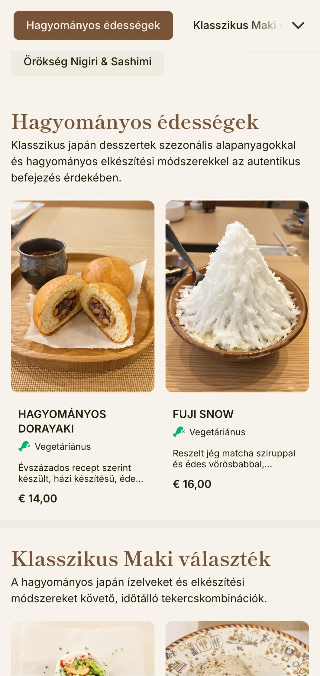 Klasszikus japán sushi menü a Fuji-hegy ihletésével, hagyományos elemekkel és meleg barna akcentusokkal az autentikus étkezéshez.