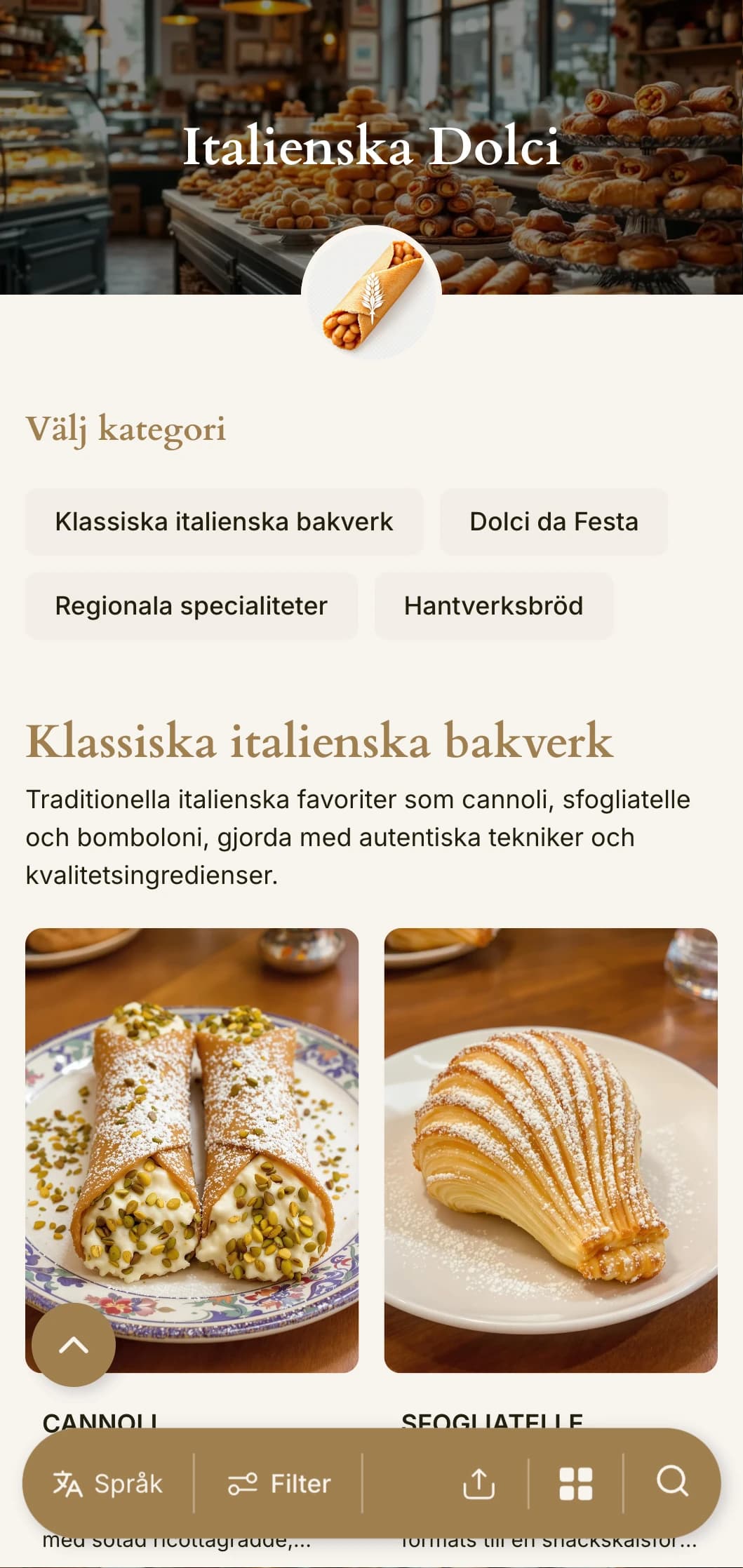 En varm, medelhavsinspirerad bagerimenydesign med jordnära toner och traditionell typografi, perfekt för italienska konditorier och dessertcaféer.