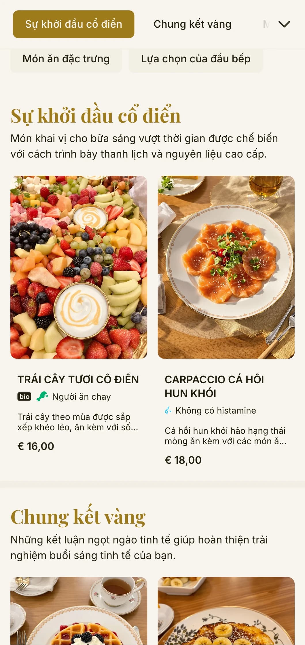 Bữa sáng thanh lịch với các món ăn sáng cổ điển vượt thời gian và cách trình bày tinh tế cho khởi đầu ngày mới đầy tinh tế.