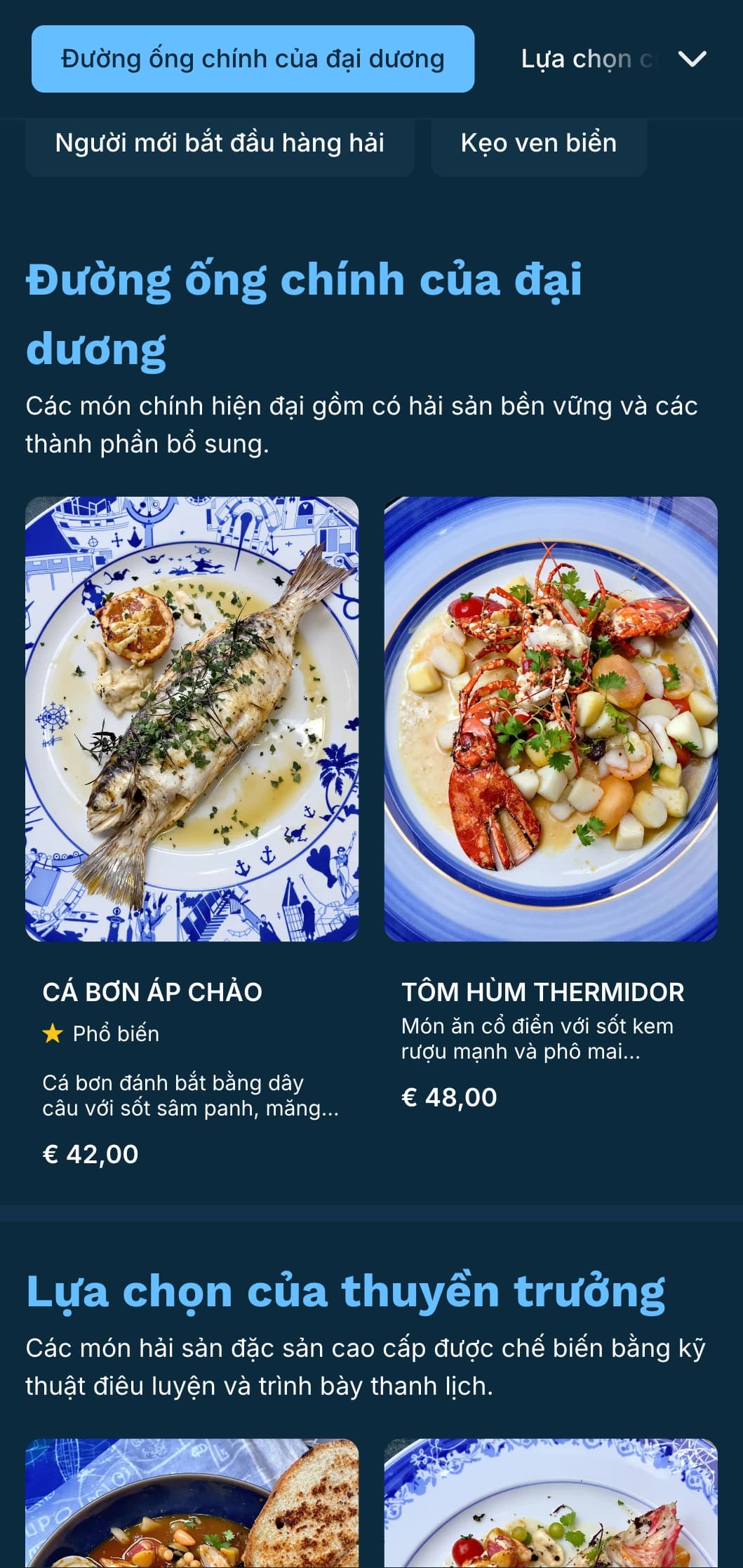 Thực đơn tối với tông màu xanh lam tươi mát mang phong cách hàng hải, hoàn hảo cho các nhà hàng hải sản cao cấp.