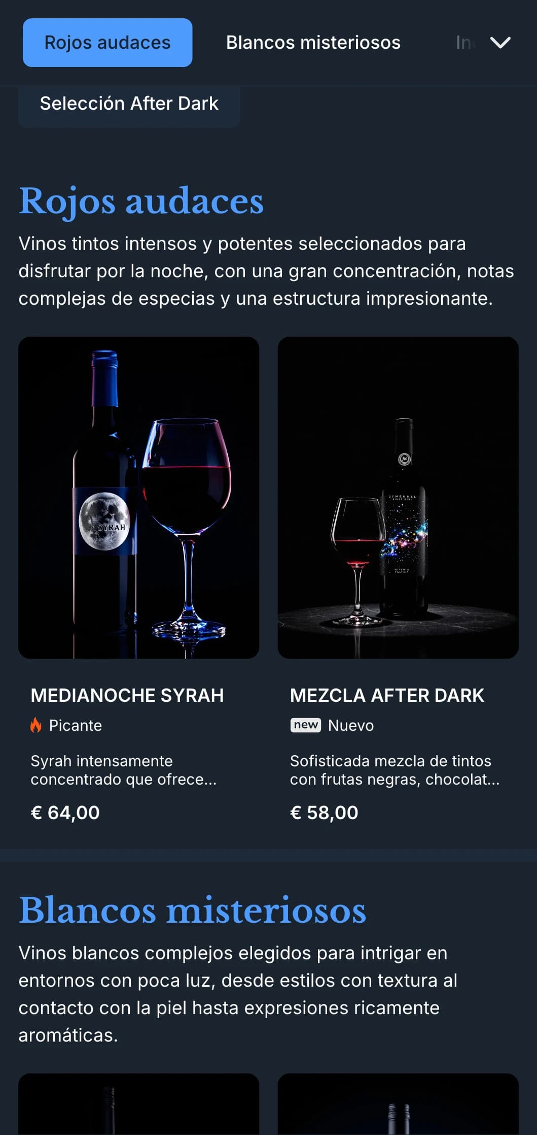 Plantilla de carta de vinos profundamente atmosférica con acentos en azul eléctrico sobre fondos de medianoche, ideal para locales nocturnos y experiencias enológicas exclusivas.