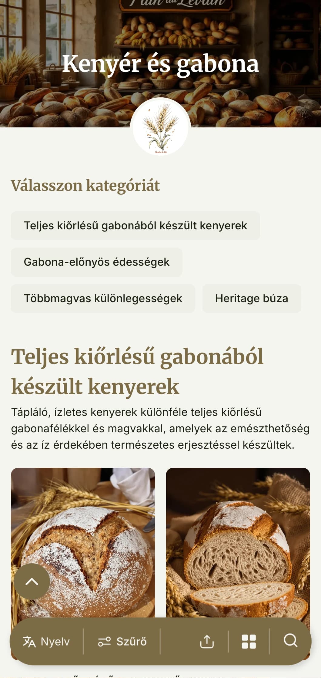 Rusztikus, gabonára összpontosító pékségi menüterv búzaszínnel és hagyományos tipográfiával, ideális kézműves kenyérpékségek és teljes kiőrlésű gabonára specializálódott pékségek számára.