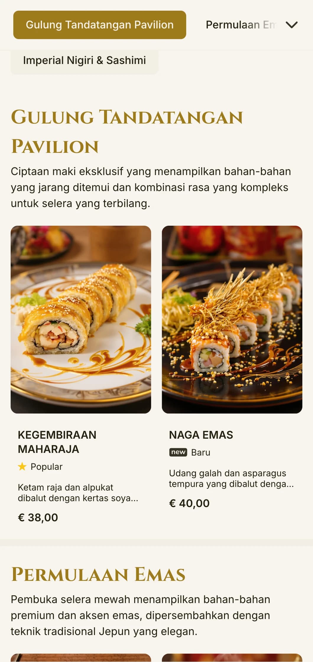 Menu sushi beraksen emas mewah yang diinspirasikan oleh kuil terkenal di Kyoto, menampilkan tipografi elegan dan unsur tradisional.