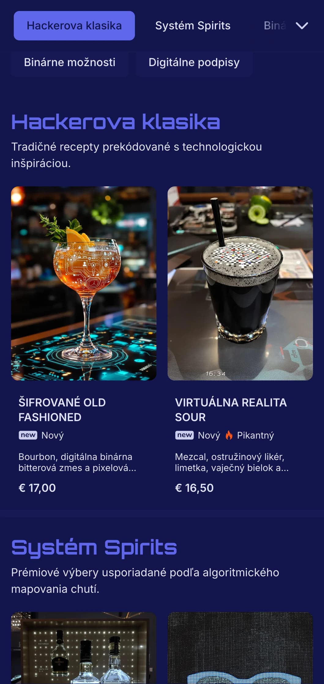 Futuristický modro-čierny dizajn s digitálnymi prvkami pre najmodernejšie bary.