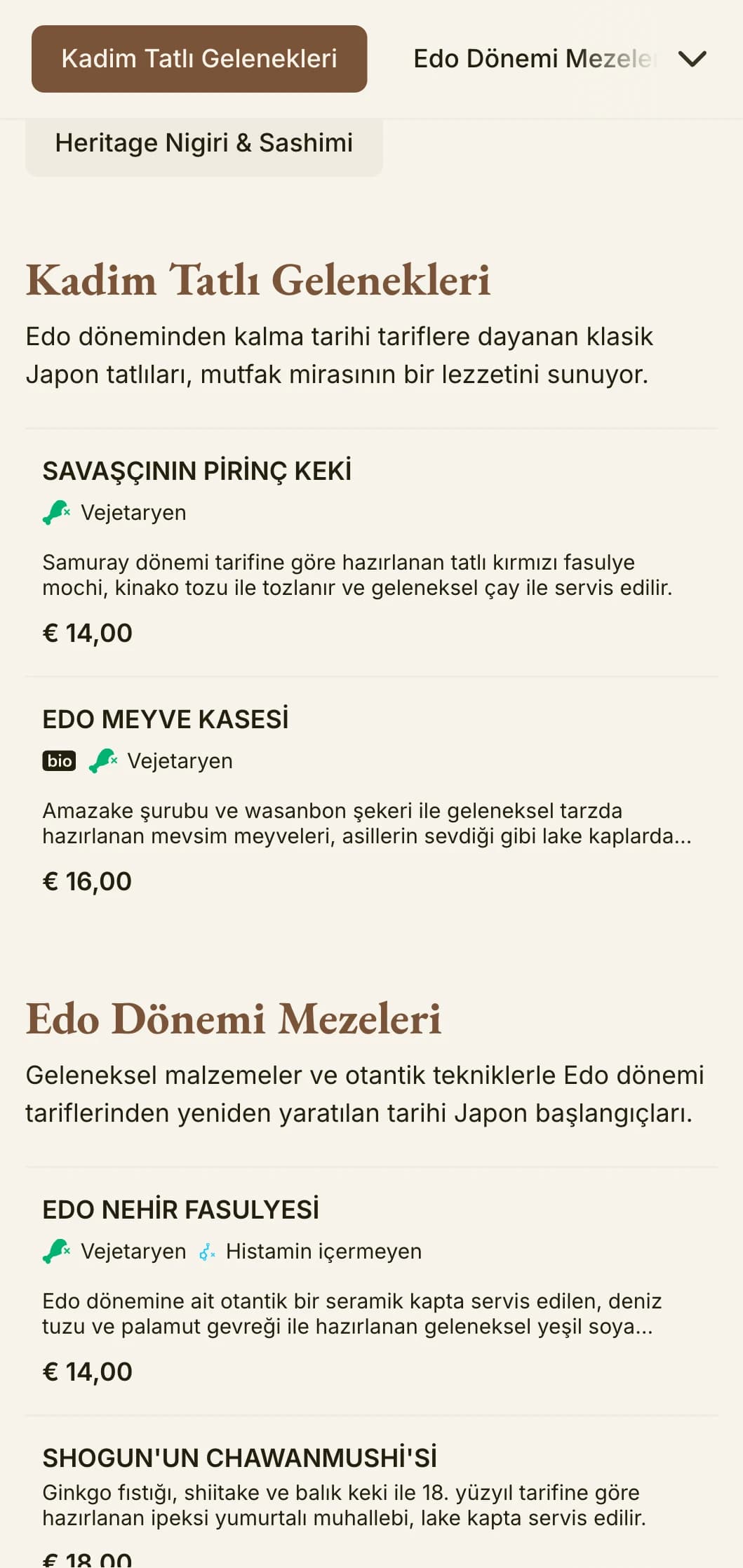 Klasik tipografi ile geleneksel Edo dönemi estetiğine sahip, Japon esintili tarihi suşi menüsü.