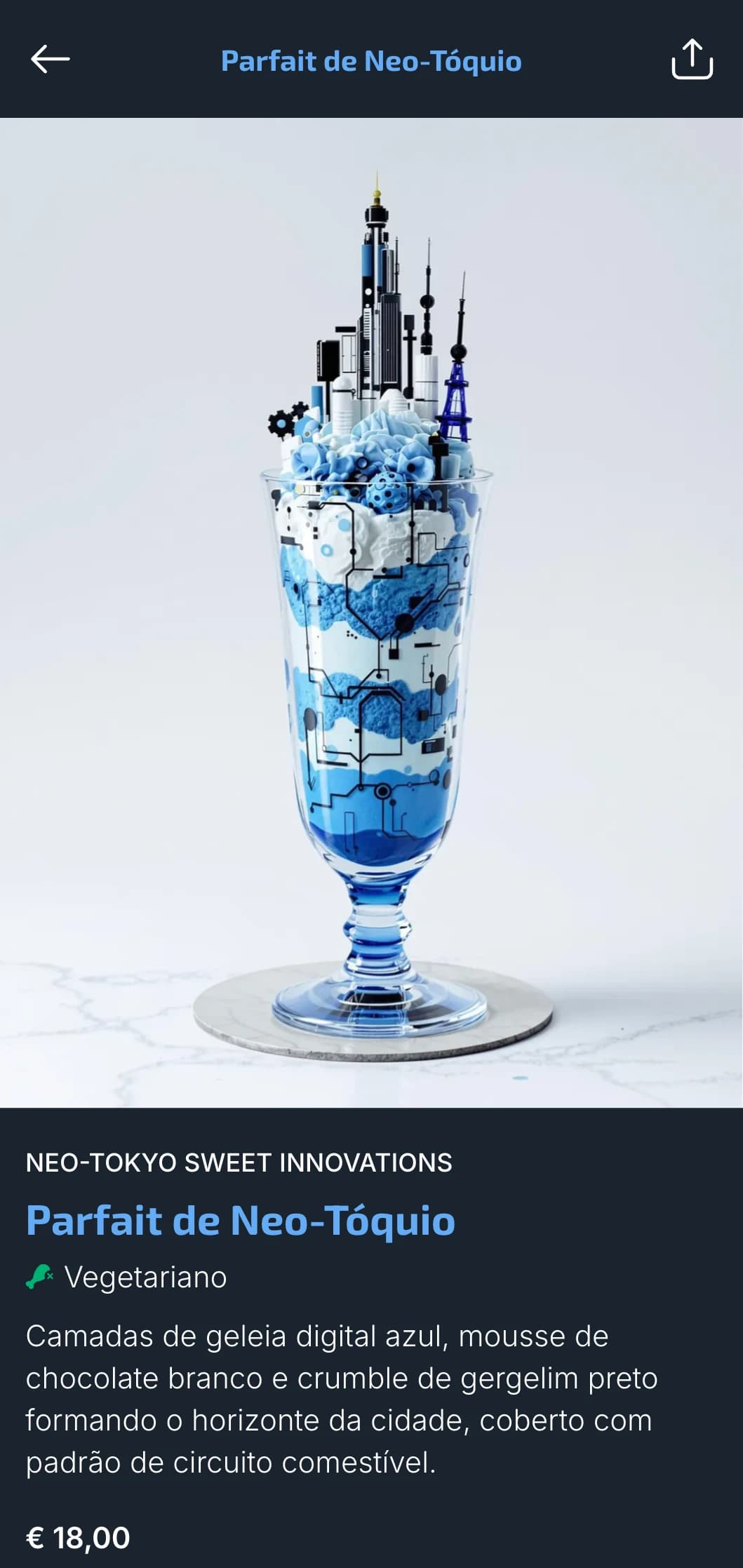 Cardápio de sushi futurista inspirado em Tóquio com elementos digitais azuis para restaurantes urbanos contemporâneos.