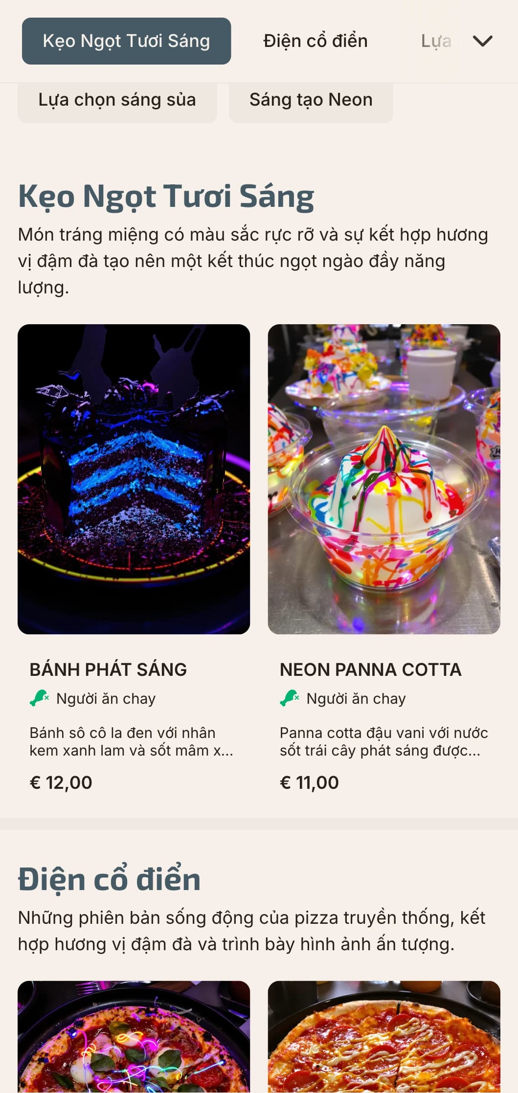 Thực đơn pizza hiện đại với điểm nhấn màu neon và phong cách đô thị hiện đại.