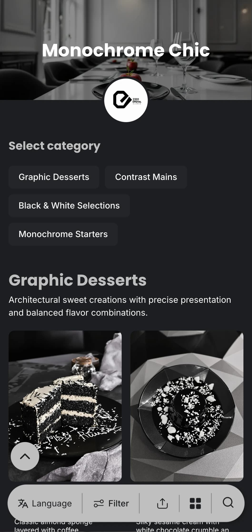 A sophisticated black and white dinner menu with bold typography and clean lines, designed for contemporary fine dining.