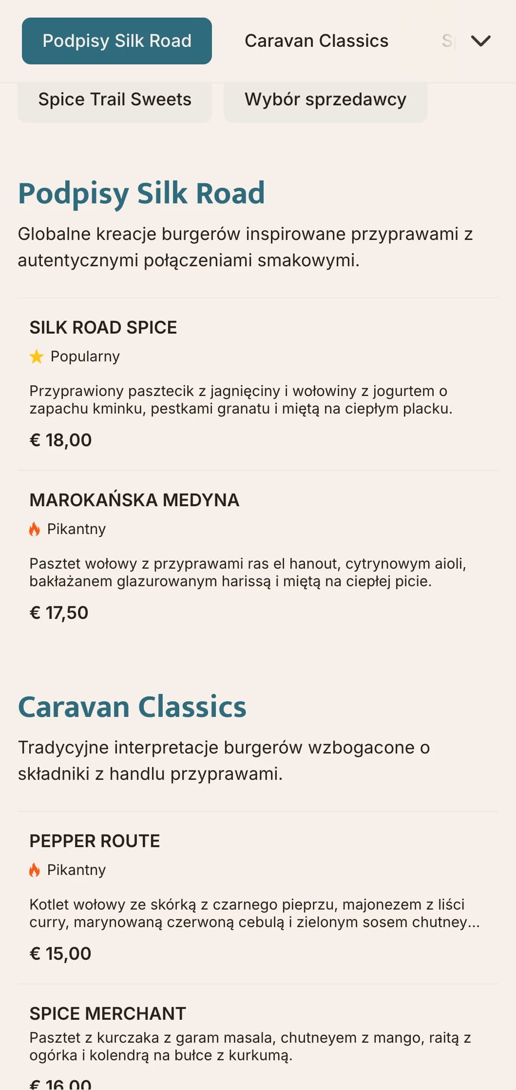 Menu burgerów inspirowane handlem przyprawami z globalnymi profilami smakowymi i odniesieniami historycznymi.