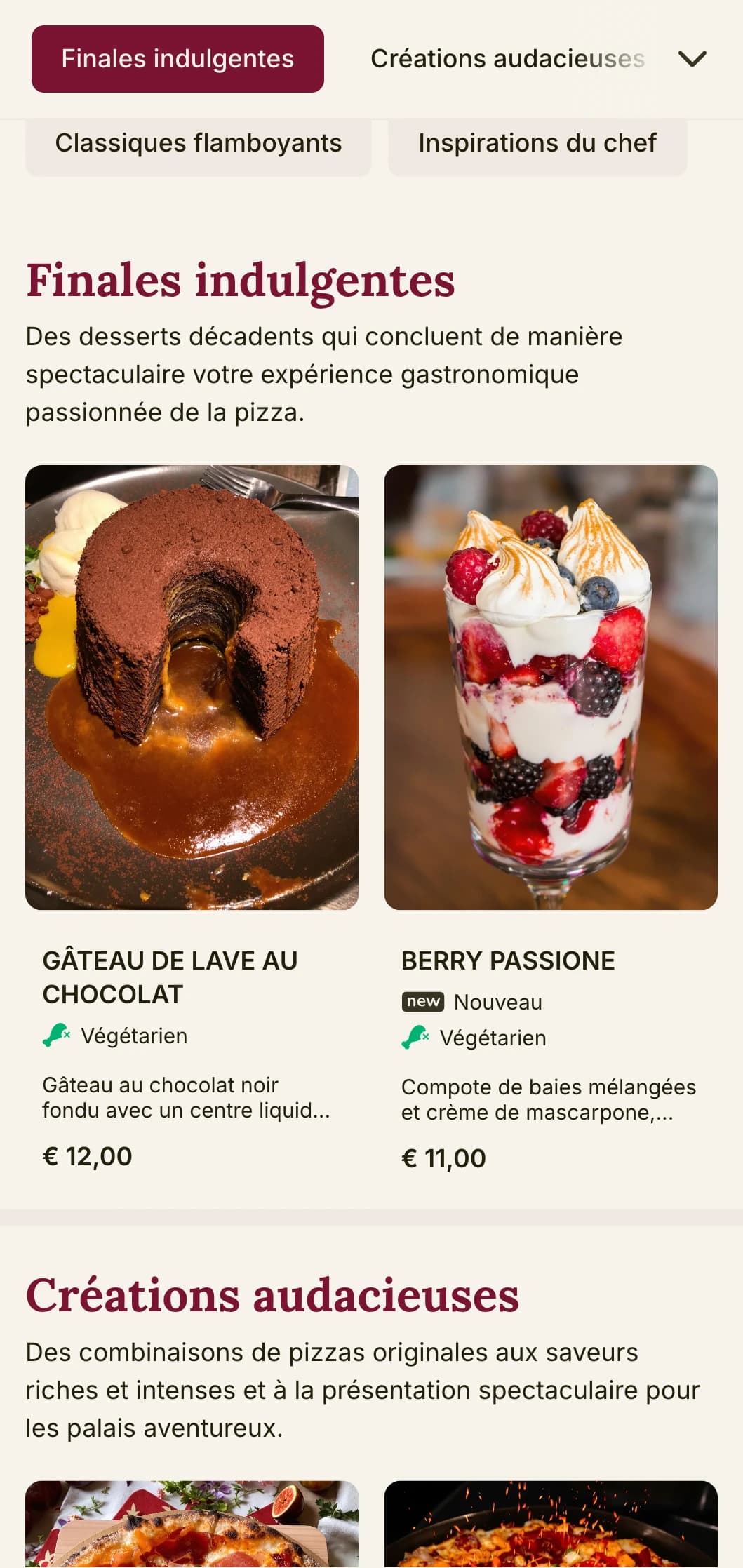 Une carte de pizzas audacieuse et passionnée, avec des couleurs riches et des éléments théâtraux, pour des pizzerias au caractère bien trempé.