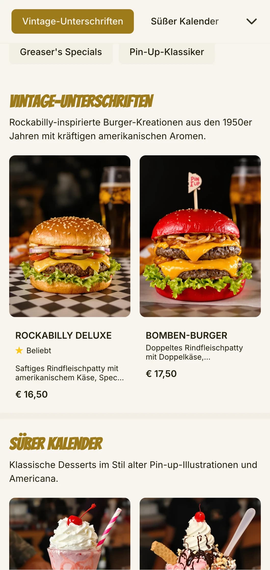 Rockabilly-inspiriertes Burgerlokal mit Vintage-Pin-up-Kunst und 1950er-Jahre-Nostalgie.