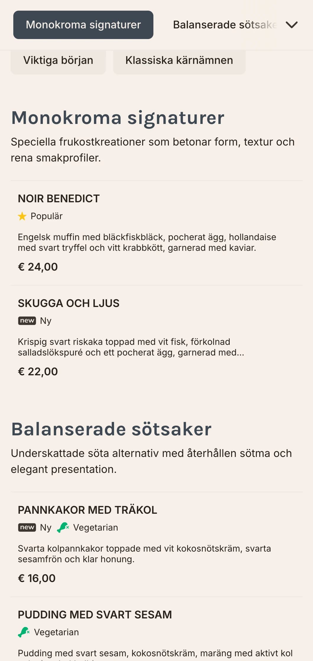 Snygga, eleganta frukostalternativ presenterade i en slående monokromatisk palett för den designmedvetna matgästen.