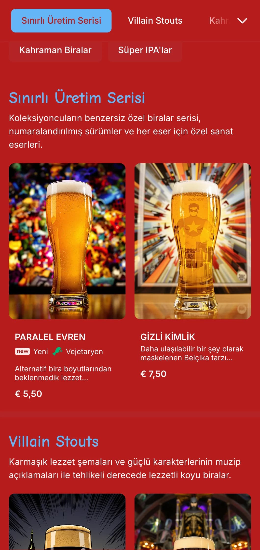 Temalı bira işletmeleri için cesur renkler ve grafik öğeler içeren, çizgi romanlardan ilham alan canlı ve eğlenceli tasarım.