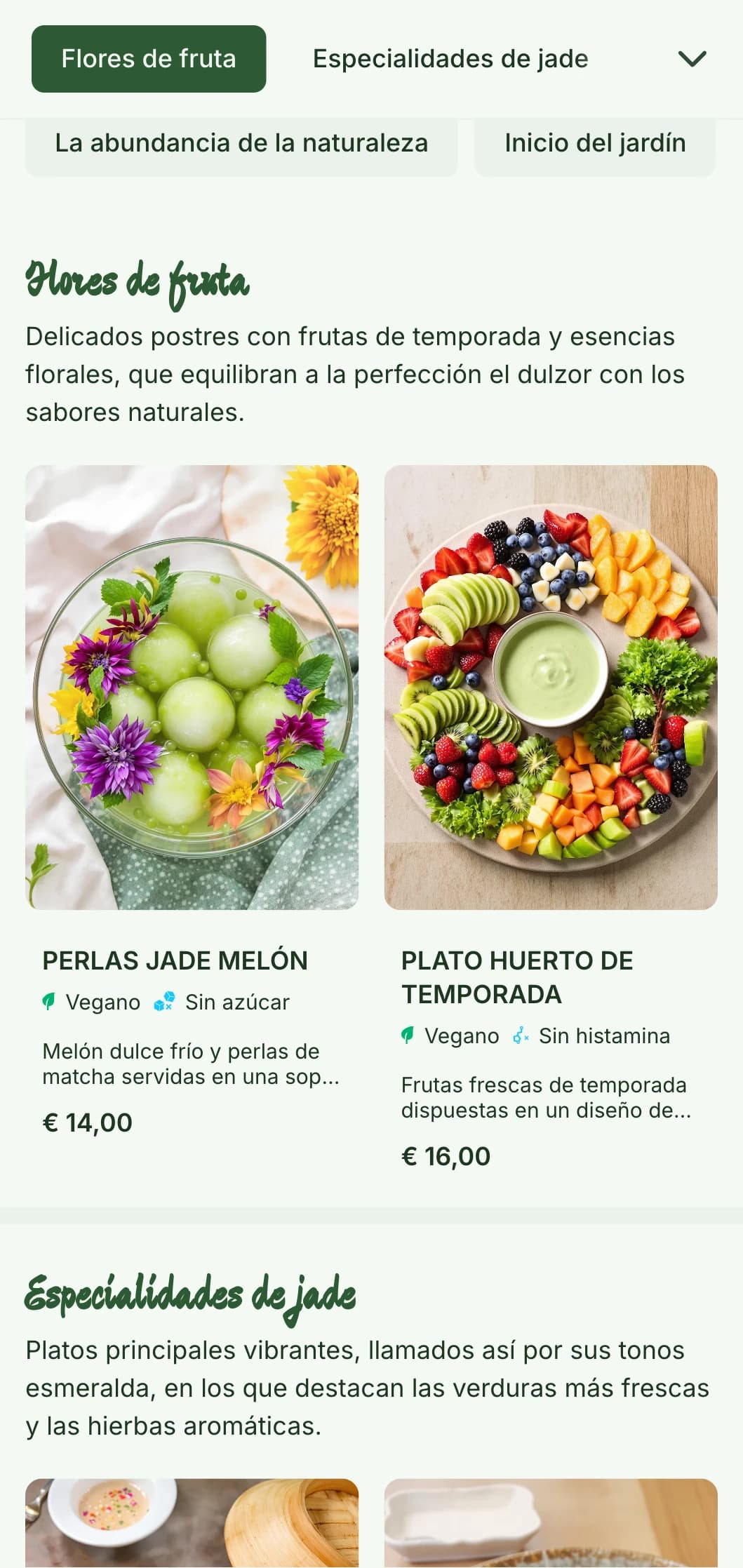 Diseño de menú chino fresco y vibrante inspirado en la estética de los jardines, con toques de jade y elementos botánicos perfectos para la cocina china de la granja a la mesa.