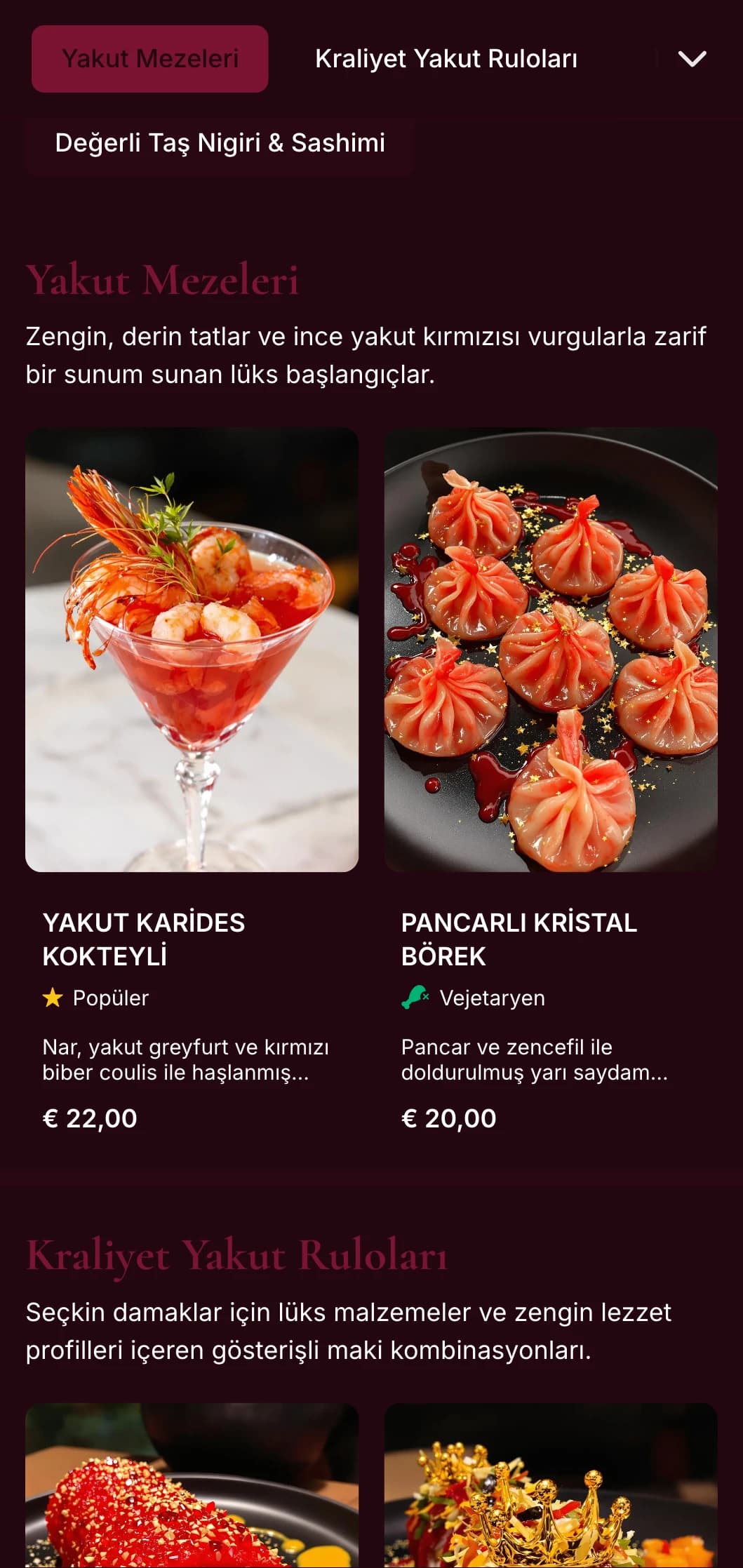 Birinci sınıf Asya füzyon restoranları için lüks yakut tonları içeren zengin, koyu kırmızı esintili suşi menüsü.