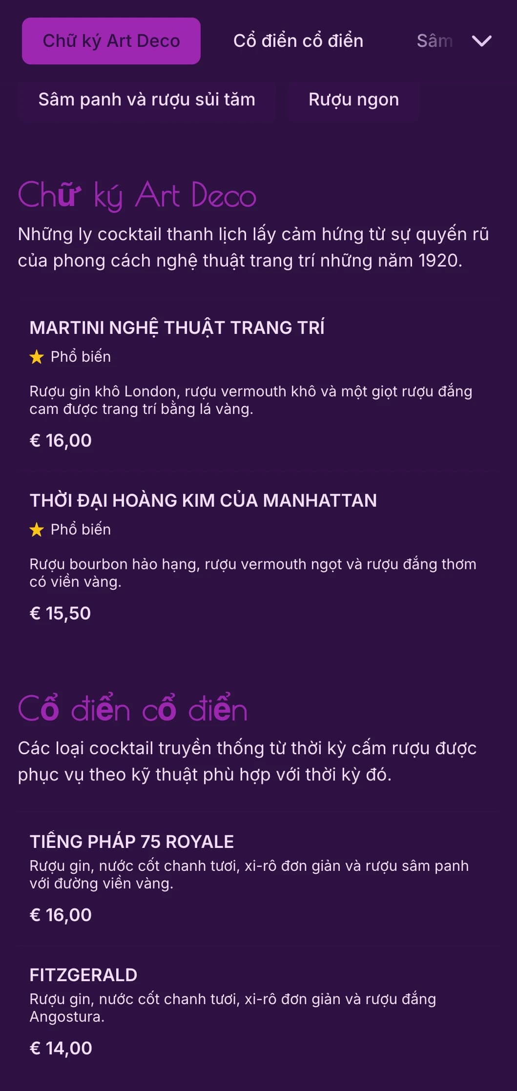 Thiết kế màu tím và vàng thanh lịch lấy cảm hứng từ phong cách nghệ thuật trang trí những năm 1920 dành cho các quán cocktail cao cấp.