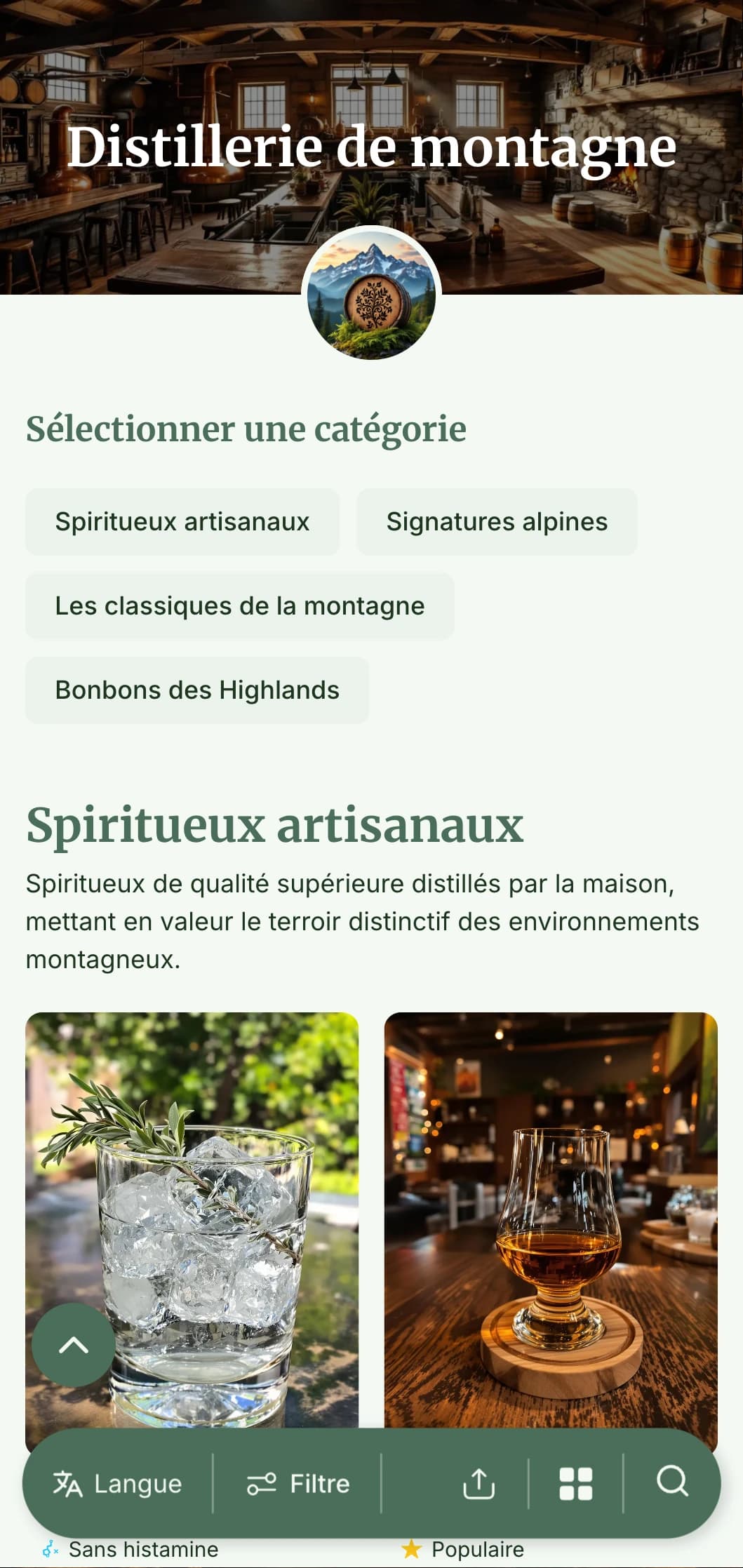 Un design rustique d'inspiration alpine pour les distilleries de montagne et les bars à spiritueux, avec des tons terreux et des éléments naturels.